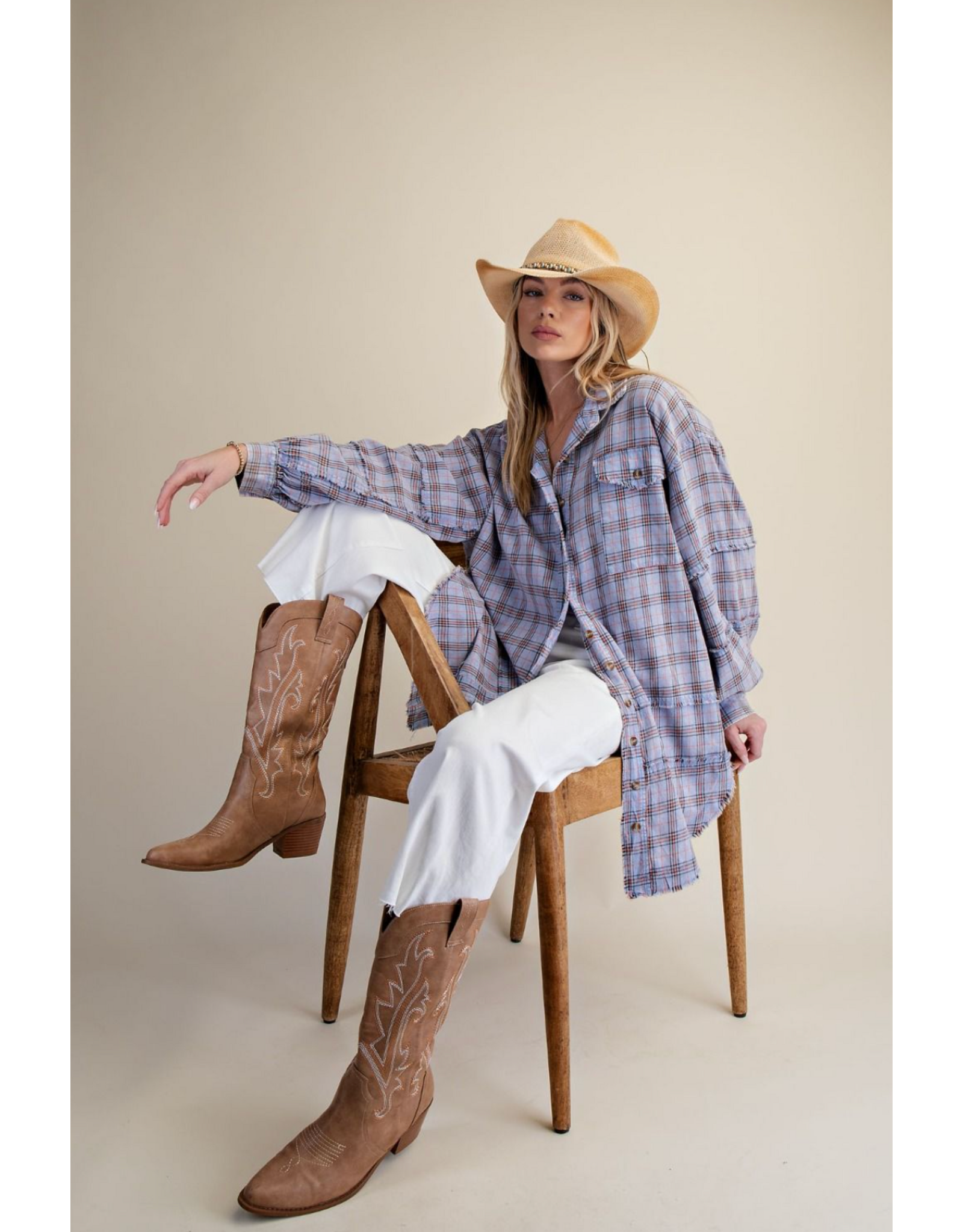 Easel Mineral Washed Plaid Shirt (Periwinkle Blue)
