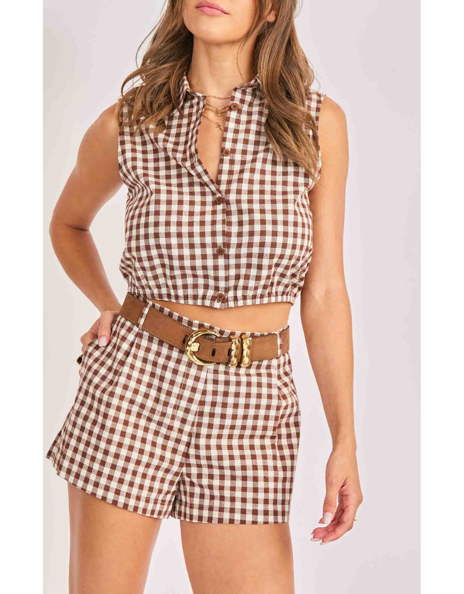Sadie & Sage Sadie & Sage - Mustang Gingham Sleeveless Top (Brown)