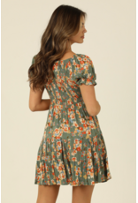 Embroidered V Neck Smocked Short Sleeve Dress (Watercress)