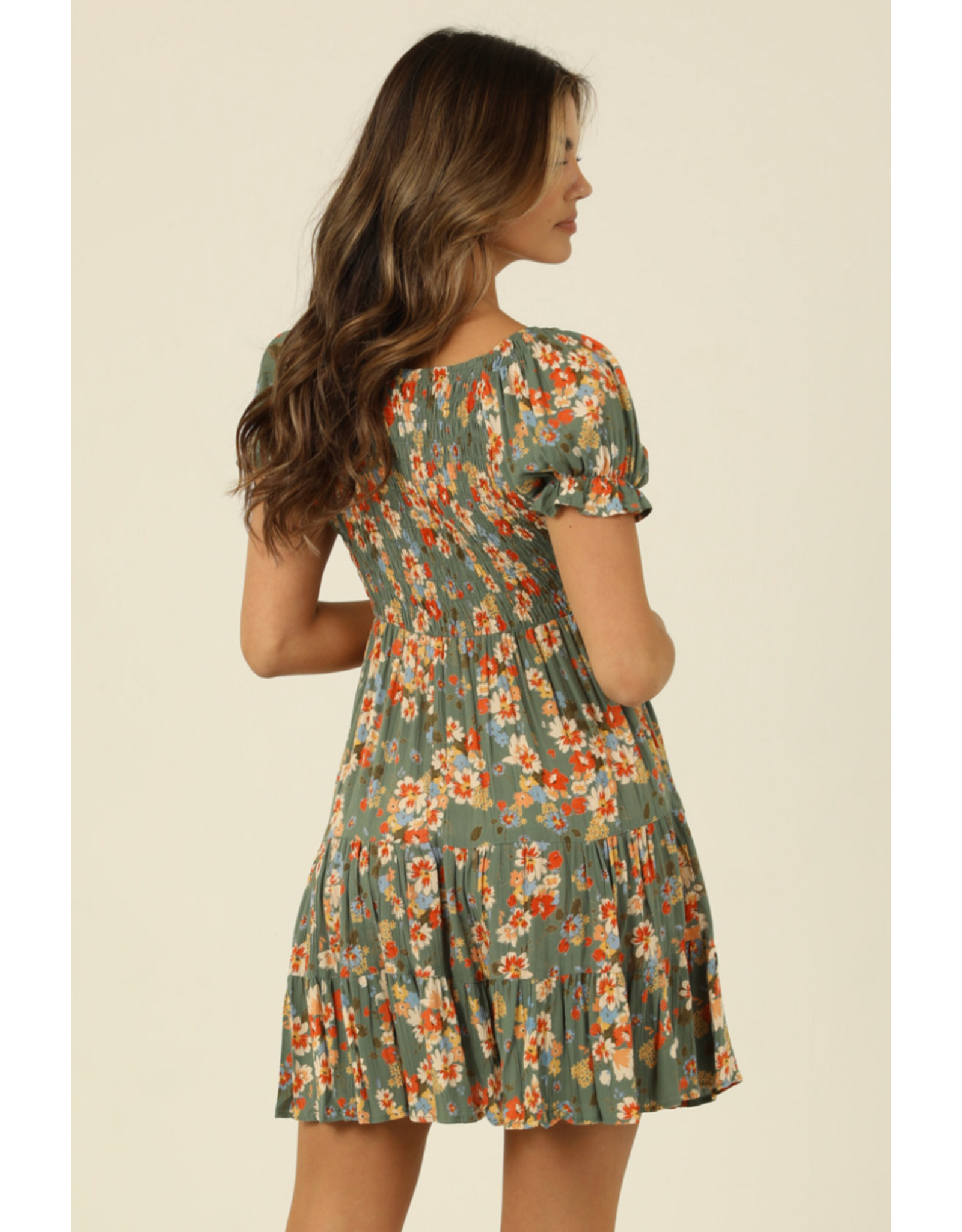 Embroidered V Neck Smocked Short Sleeve Dress (Watercress)