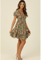 Embroidered V Neck Smocked Short Sleeve Dress (Watercress)