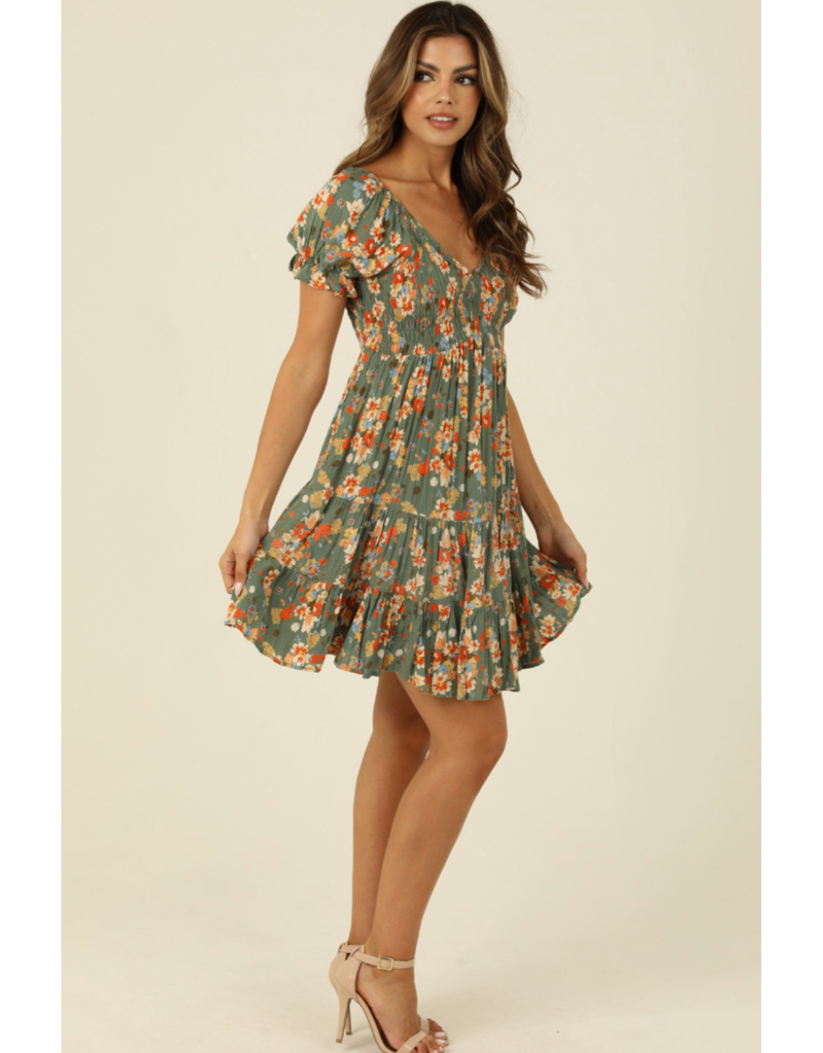 Embroidered V Neck Smocked Short Sleeve Dress (Watercress)