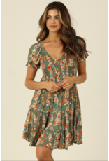 Embroidered V Neck Smocked Short Sleeve Dress (Watercress)