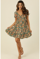 Embroidered V Neck Smocked Short Sleeve Dress (Watercress)