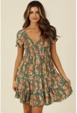 Embroidered V Neck Smocked Short Sleeve Dress (Watercress)