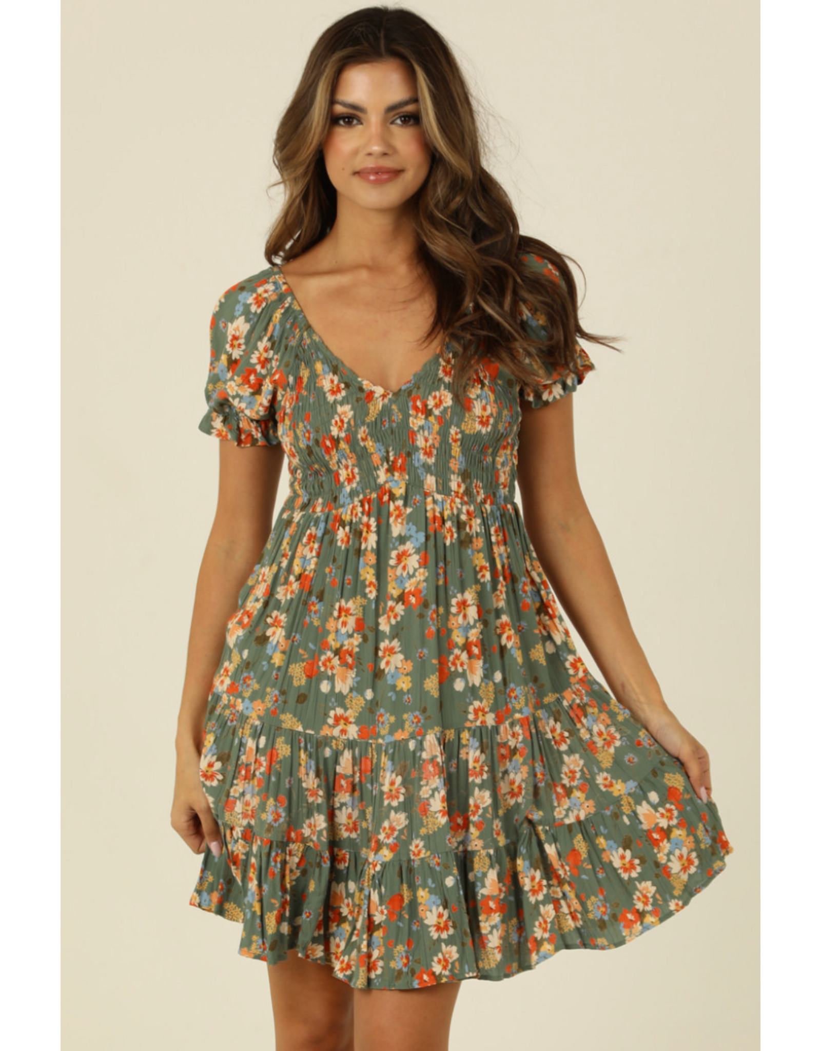 Embroidered V Neck Smocked Short Sleeve Dress (Watercress)