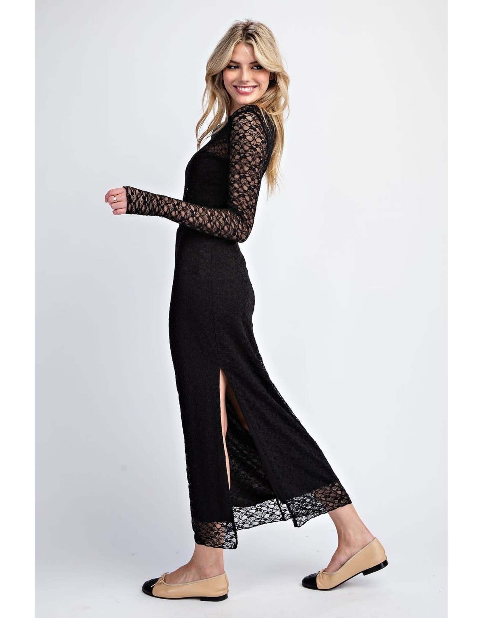ee:some Lace Side Slit Maxi Skirt (Black)