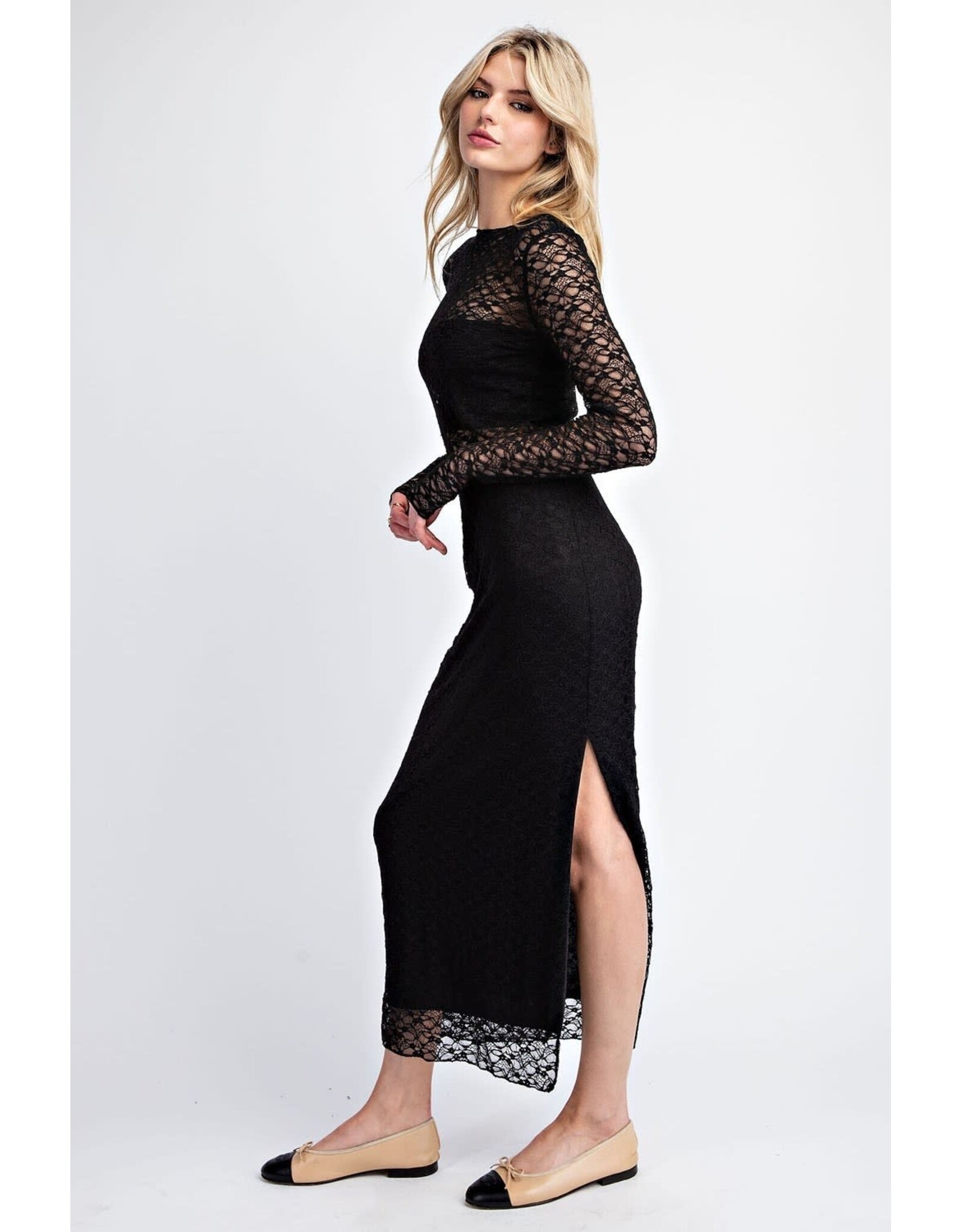 ee:some Lace Side Slit Maxi Skirt (Black)
