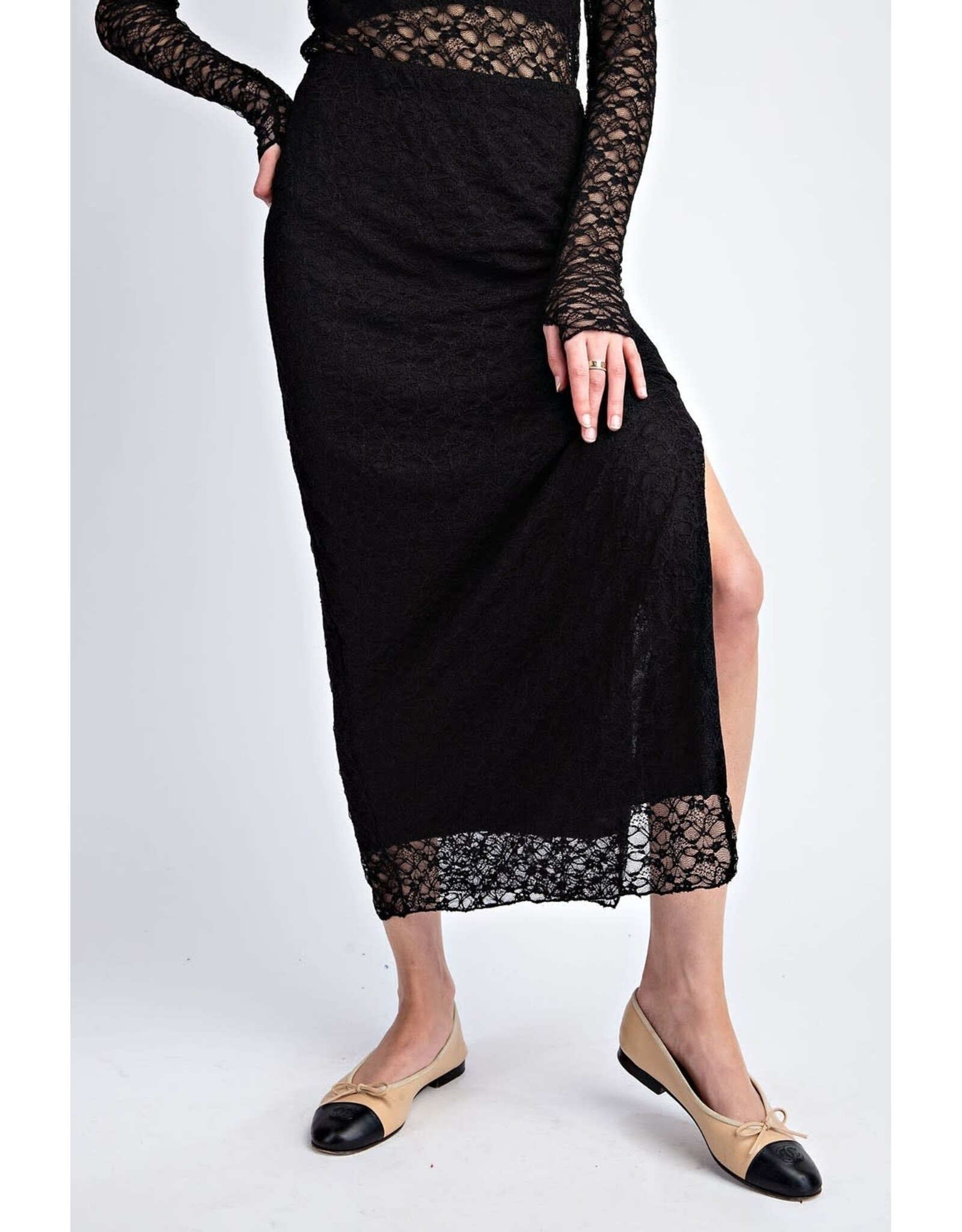ee:some Lace Side Slit Maxi Skirt (Black)