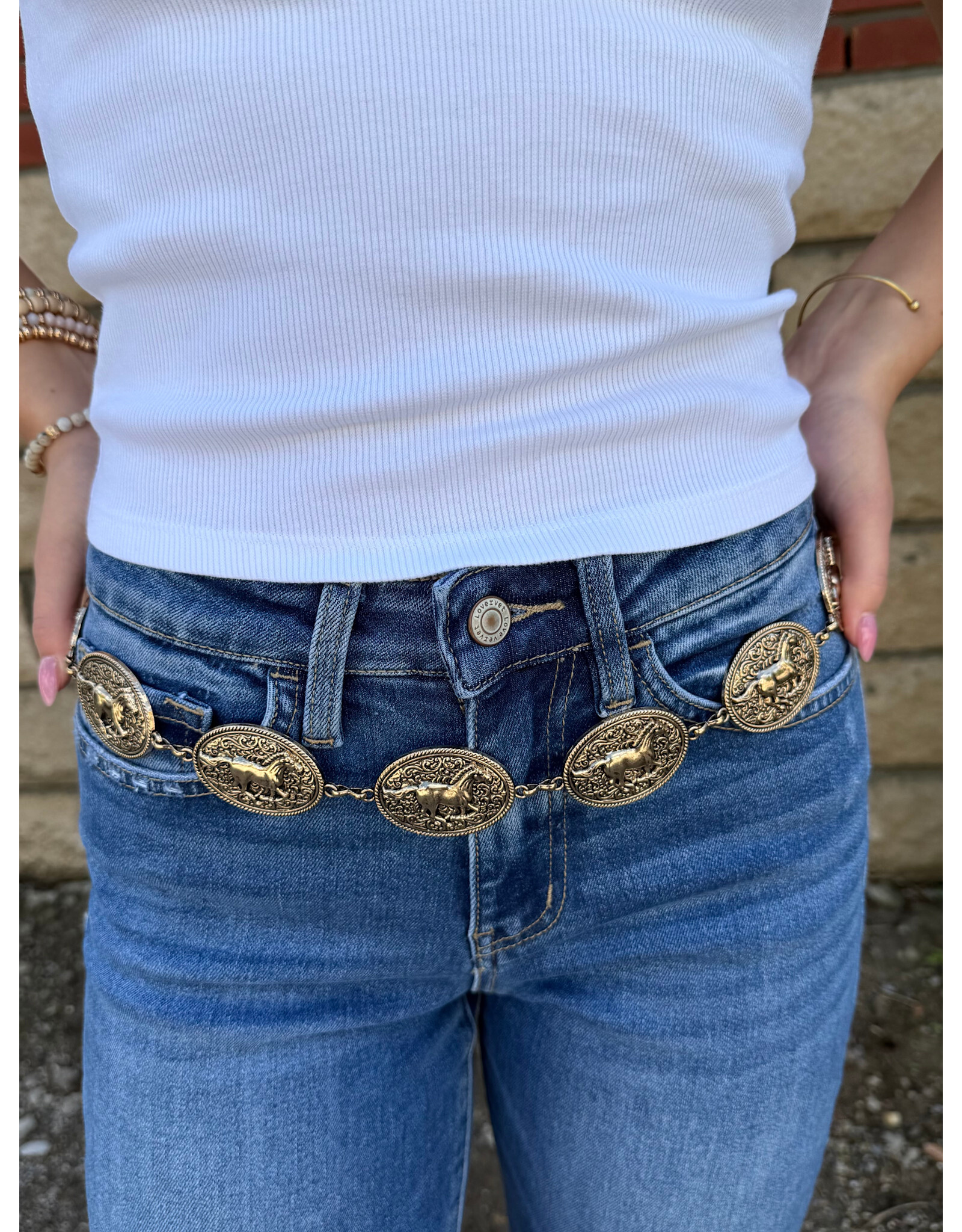 Fame Accessories Western Horse Engraved Concho Chain Belt (Gold)