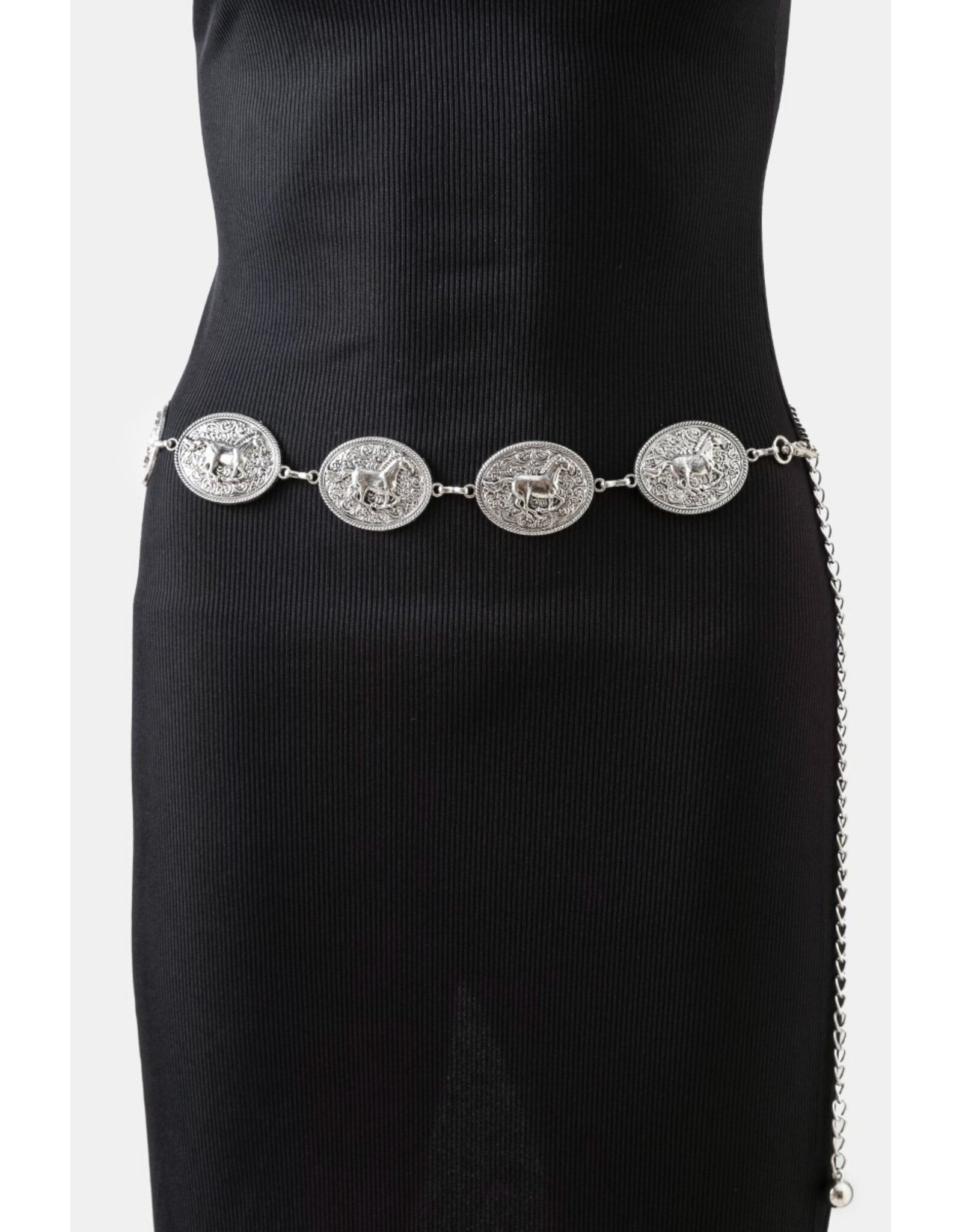 Fame Accessories Western Horse Engraved Concho Chain Belt (Silver)