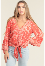 Nostalgia Scarf Print Long Sleeve Top with Tie Front (Flame)