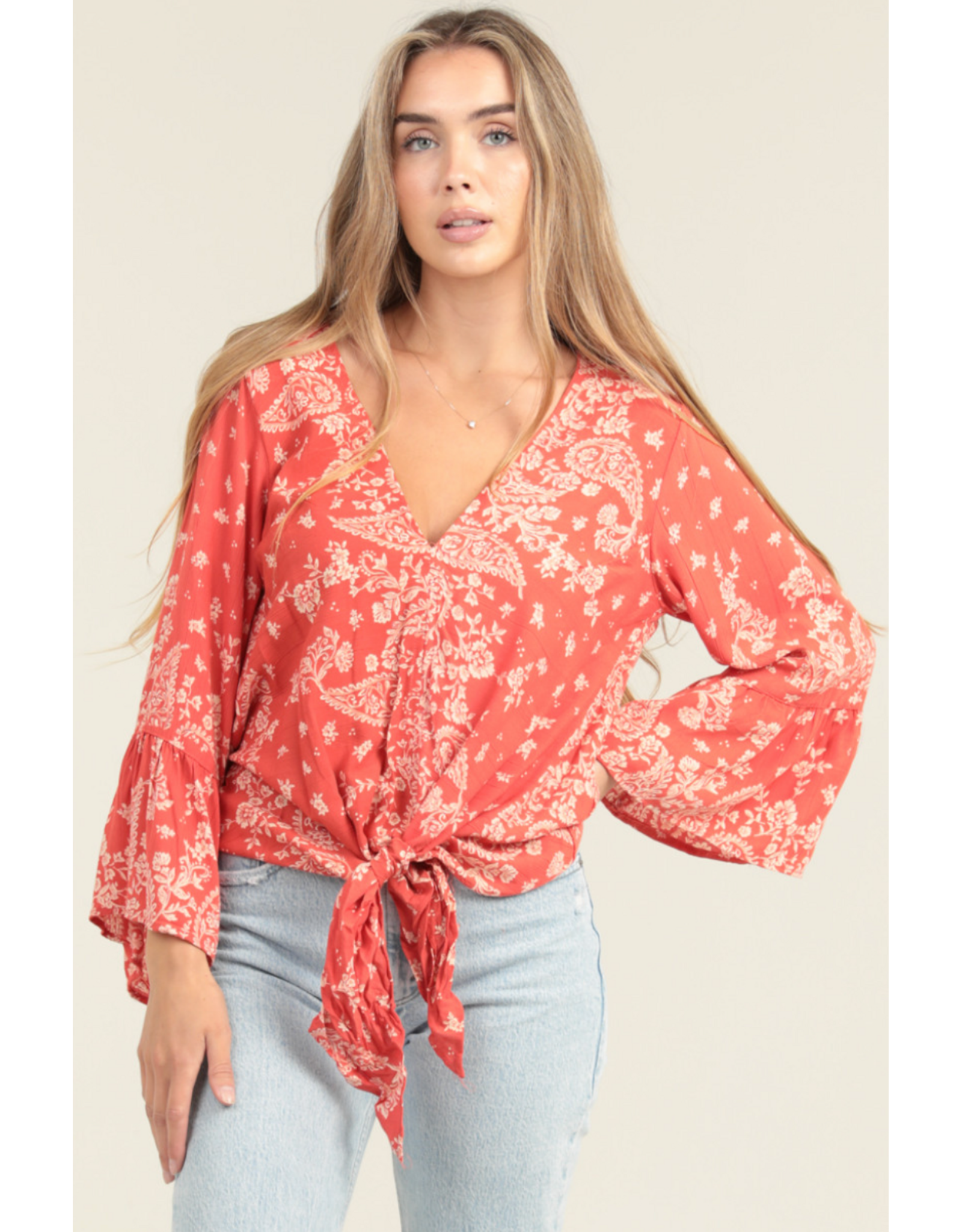 Nostalgia Scarf Print Long Sleeve Top with Tie Front (Flame)