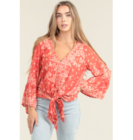 Nostalgia Scarf Print Long Sleeve Top with Tie Front (Flame)