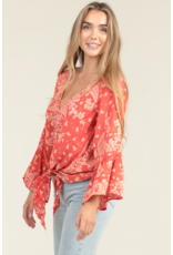 Nostalgia Scarf Print Long Sleeve Top with Tie Front (Flame)