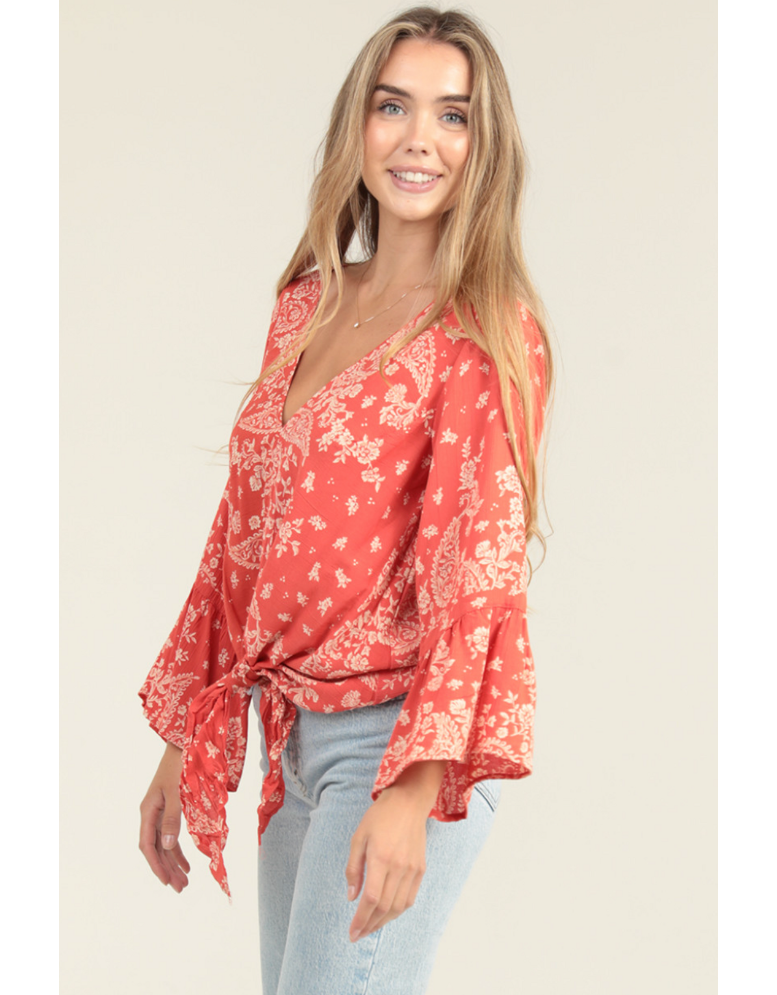 Nostalgia Scarf Print Long Sleeve Top with Tie Front (Flame)