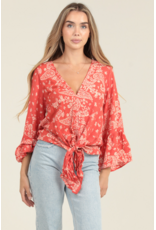 Nostalgia Scarf Print Long Sleeve Top with Tie Front (Flame)