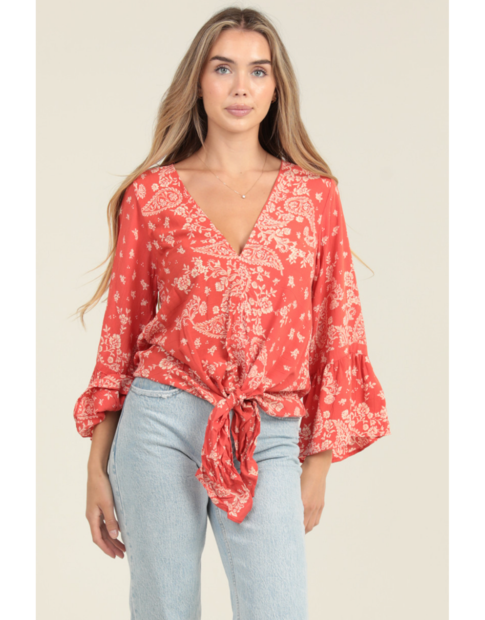 Nostalgia Scarf Print Long Sleeve Top with Tie Front (Flame)