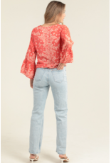 Nostalgia Scarf Print Long Sleeve Top with Tie Front (Flame)