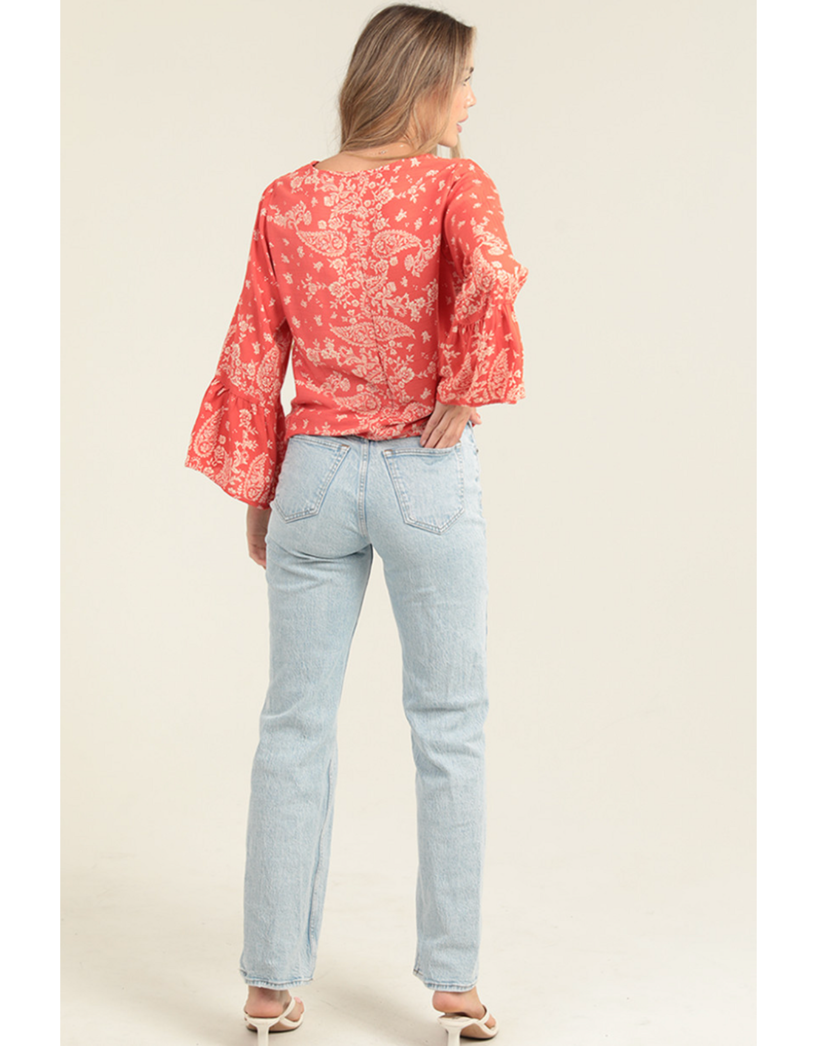 Nostalgia Scarf Print Long Sleeve Top with Tie Front (Flame)