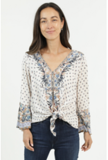 Nostalgia V Neck Long Sleeve Top with Tie Front (Ivory)