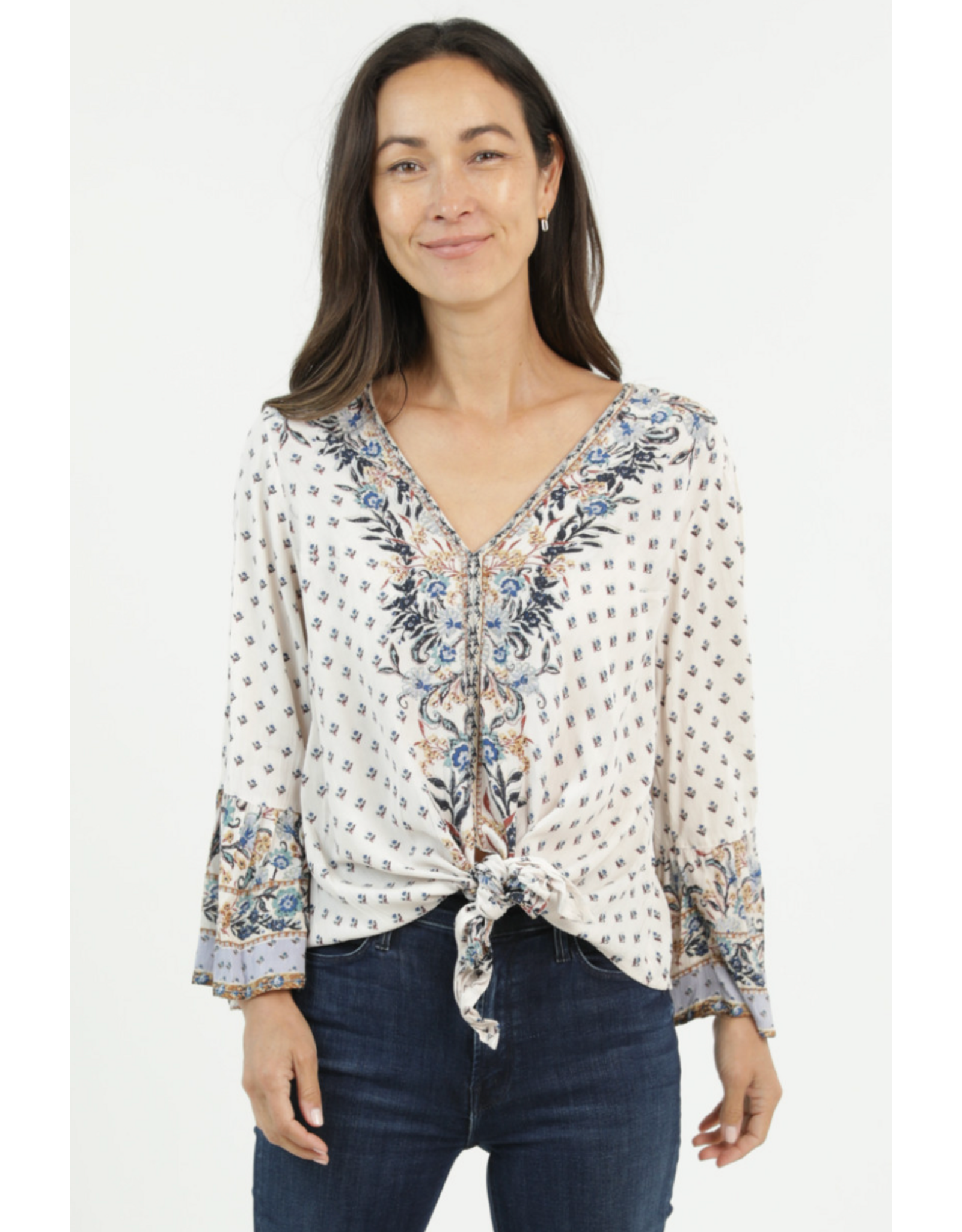 Nostalgia V Neck Long Sleeve Top with Tie Front (Ivory)
