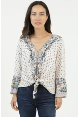 Nostalgia V Neck Long Sleeve Top with Tie Front (Ivory)