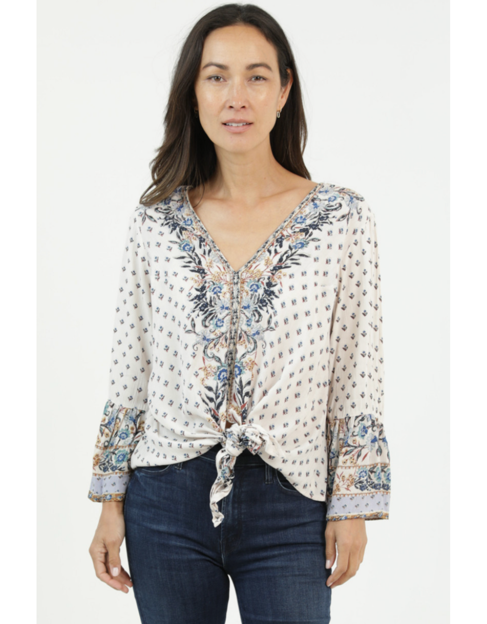 Nostalgia V Neck Long Sleeve Top with Tie Front (Ivory)