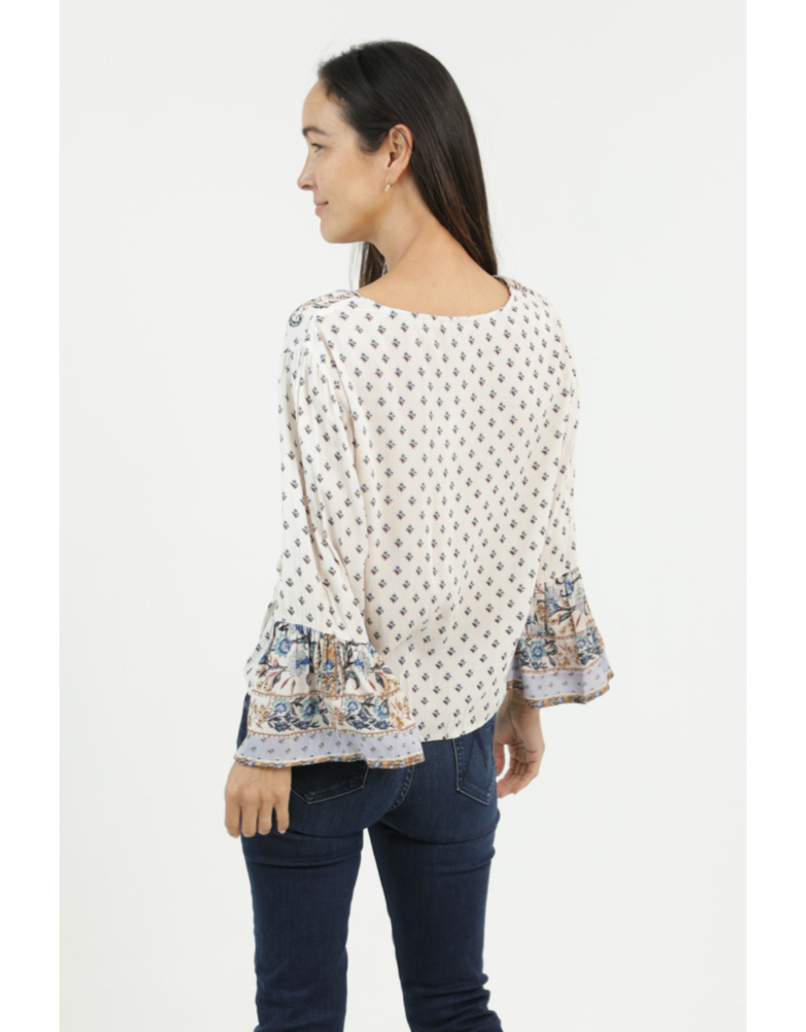Nostalgia V Neck Long Sleeve Top with Tie Front (Ivory)