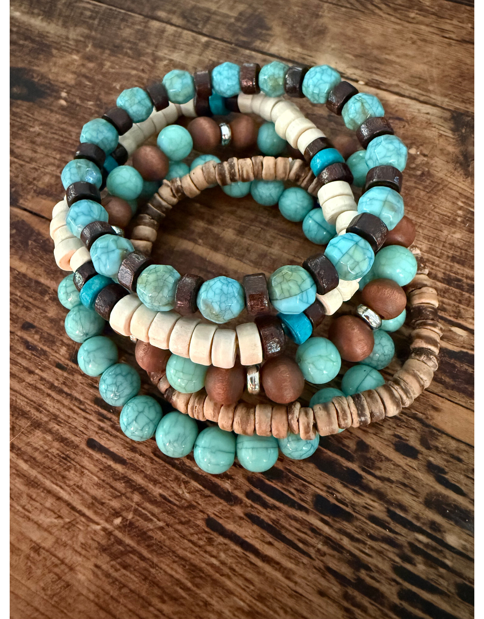Fame Accessories Assorted Western Wood and Turquoise Beaded Bracelets