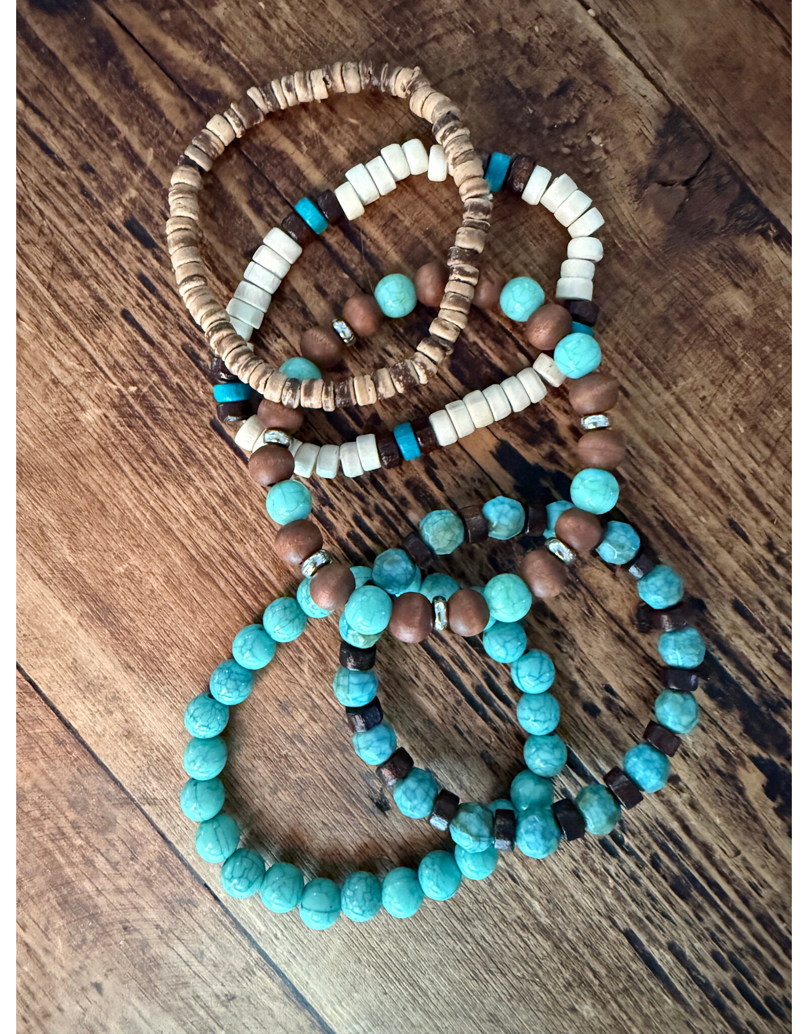 Fame Accessories Assorted Western Wood and Turquoise Beaded Bracelets