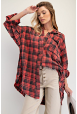 Easel Mineral Washed Plaid Shirt (Pinkish Coral)