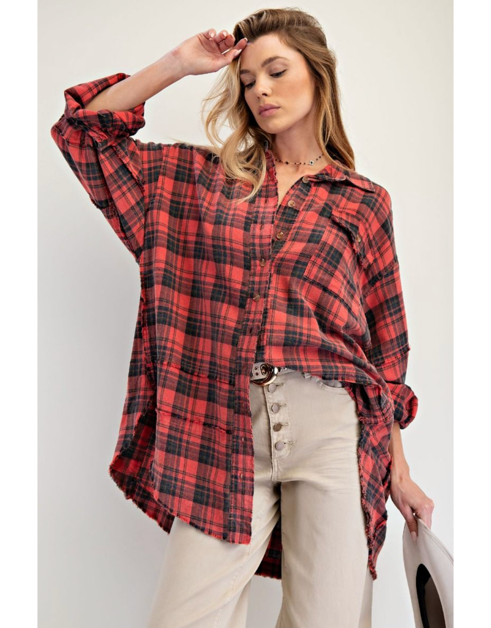 Easel Mineral Washed Plaid Shirt (Pinkish Coral)
