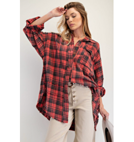 Easel Mineral Washed Plaid Shirt (Pinkish Coral)