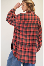 Easel Mineral Washed Plaid Shirt (Pinkish Coral)