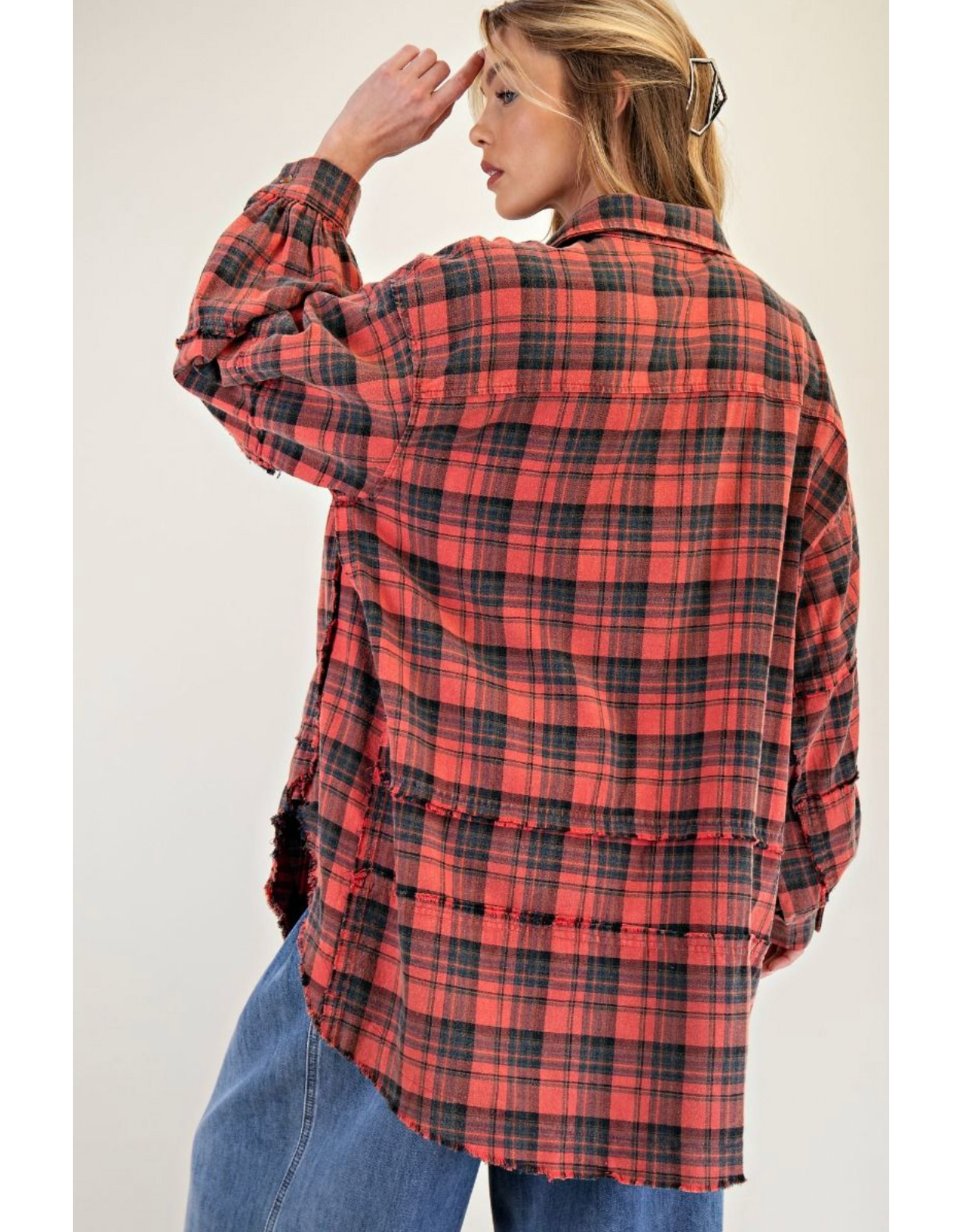 Easel Mineral Washed Plaid Shirt (Pinkish Coral)
