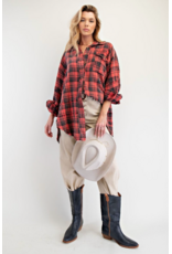 Easel Mineral Washed Plaid Shirt (Pinkish Coral)