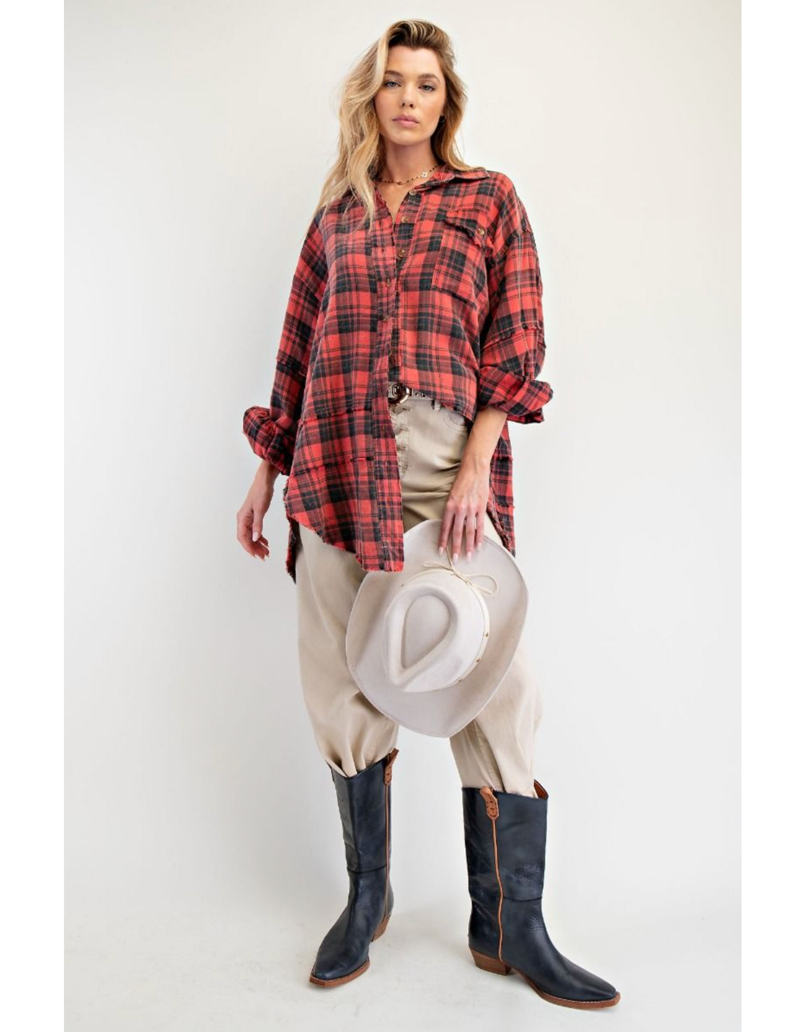 Easel Mineral Washed Plaid Shirt (Pinkish Coral)