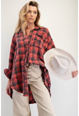 Easel Mineral Washed Plaid Shirt (Pinkish Coral)