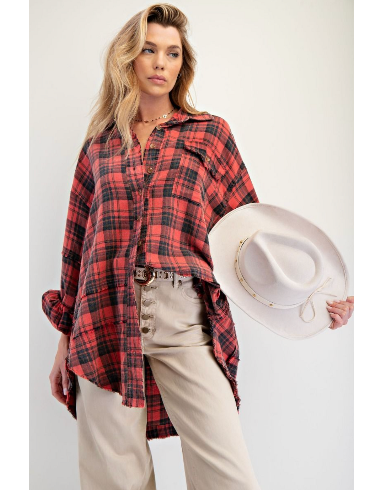 Easel Mineral Washed Plaid Shirt (Pinkish Coral)