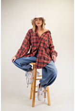 Easel Mineral Washed Plaid Shirt (Pinkish Coral)