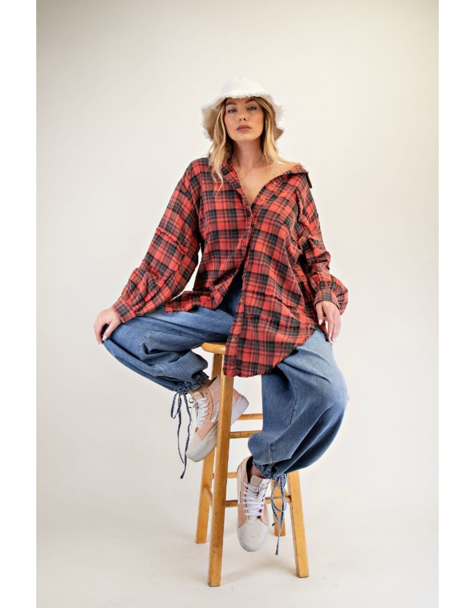 Easel Mineral Washed Plaid Shirt (Pinkish Coral)