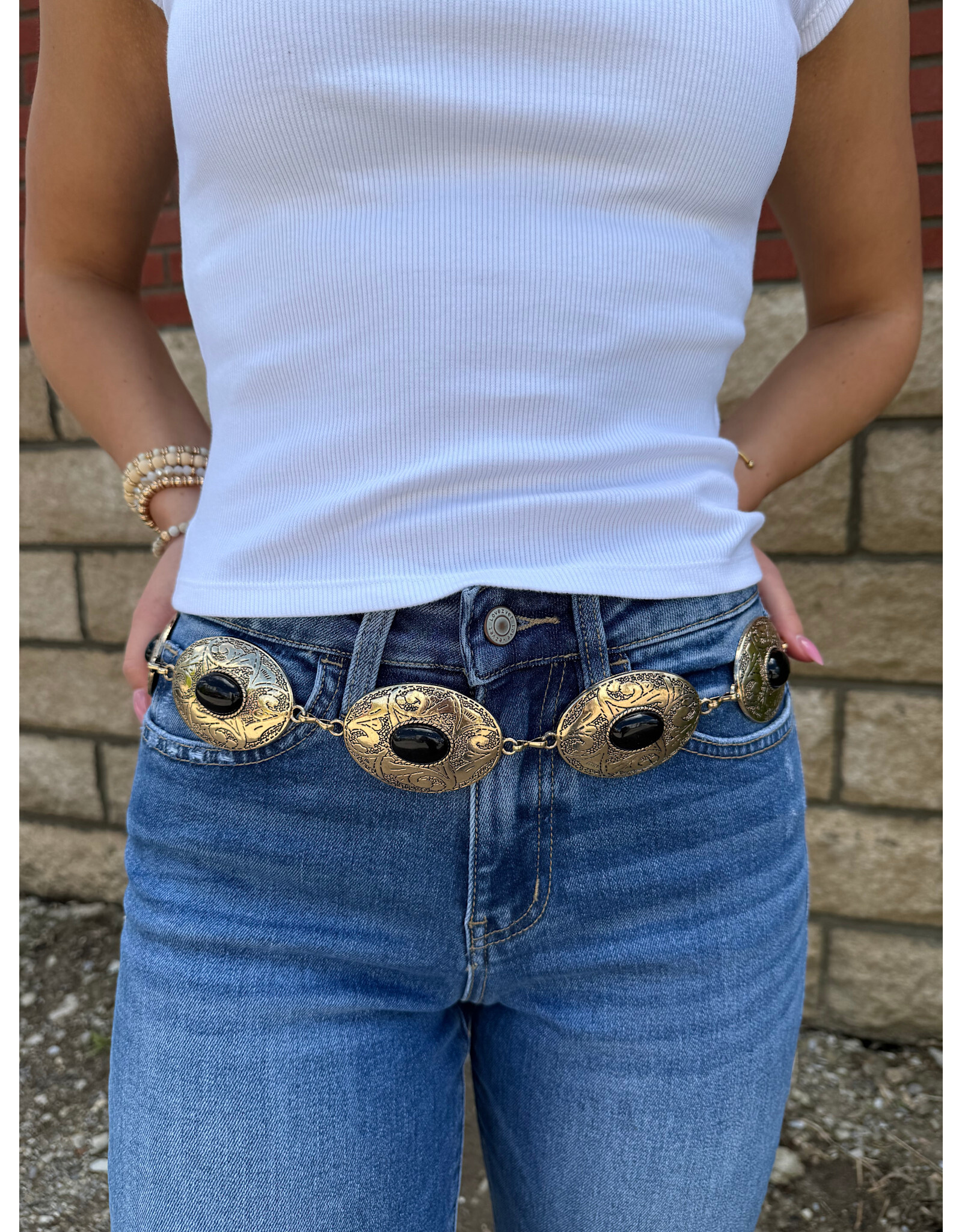 Fame Accessories Oval Stone Western Concho Chain Belt
