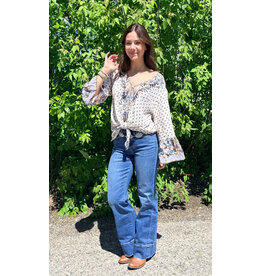 Nostalgia V Neck Long Sleeve Top with Tie Front (Ivory)