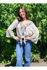 Nostalgia V Neck Long Sleeve Top with Tie Front (Ivory)