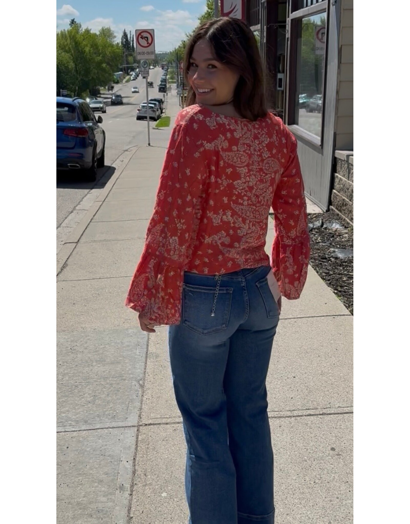 Nostalgia Scarf Print Long Sleeve Top with Tie Front (Flame)