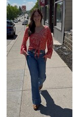 Nostalgia Scarf Print Long Sleeve Top with Tie Front (Flame)