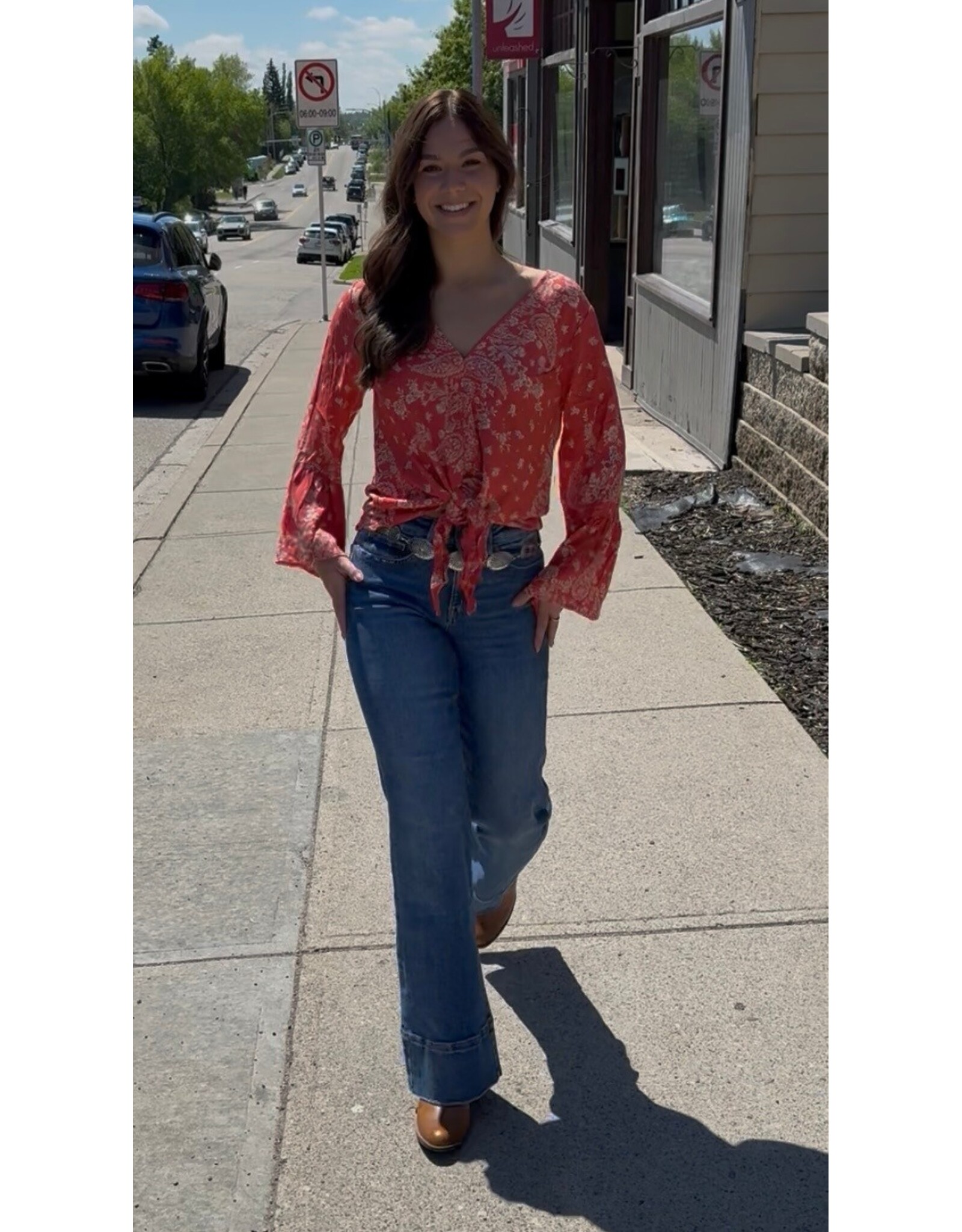 Nostalgia Scarf Print Long Sleeve Top with Tie Front (Flame)