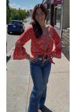 Nostalgia Scarf Print Long Sleeve Top with Tie Front (Flame)
