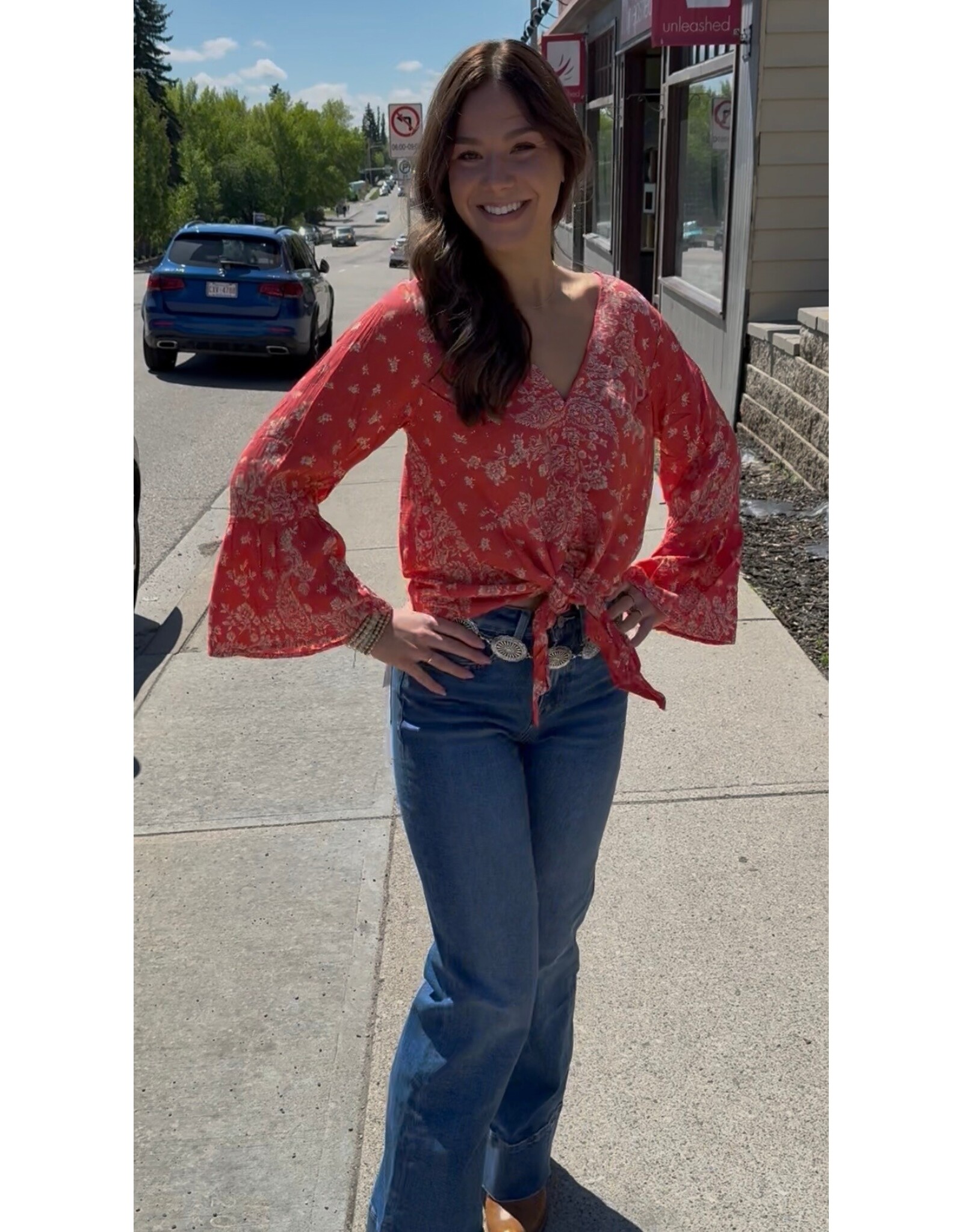 Nostalgia Scarf Print Long Sleeve Top with Tie Front (Flame)